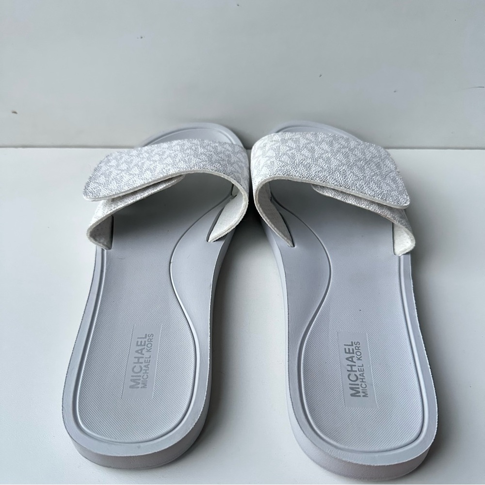 Michael Kors SLIDES Wade Adjustable MK Logo slide Sandal shoes White/gray Sz 11 - Picture 6 of 11
